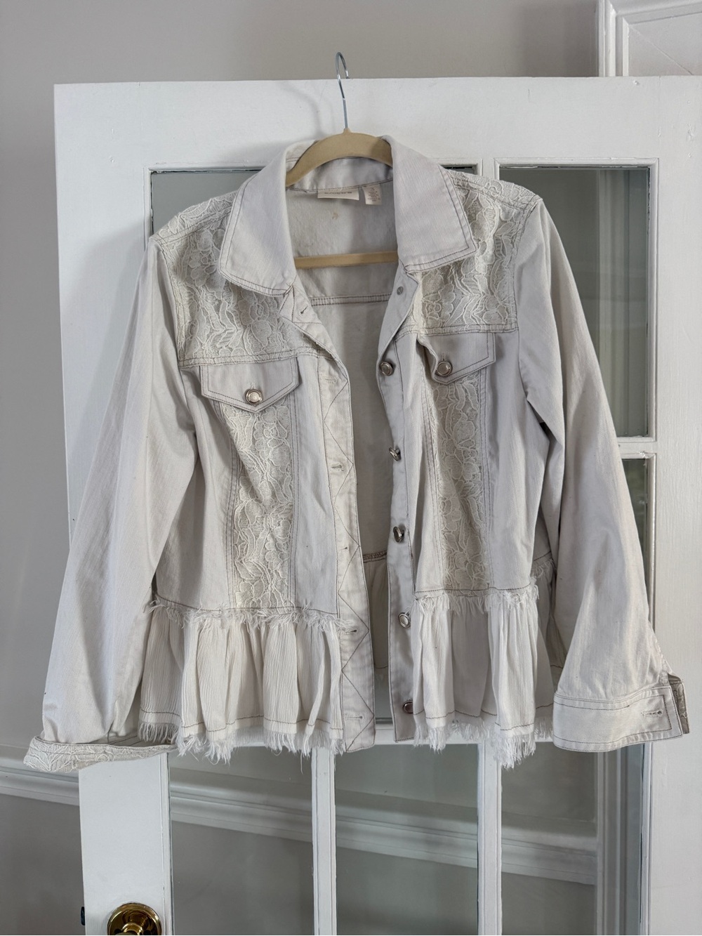 Chicos Cream Lace-Trim Peplum Denim Jacket
